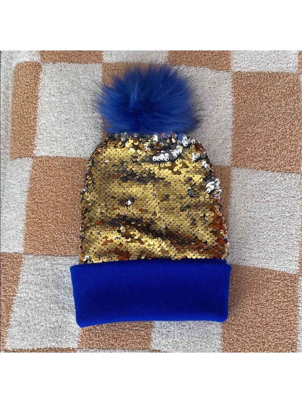 Gold Sequin Flippable Girls Beanie with Blue Pom-Pom
